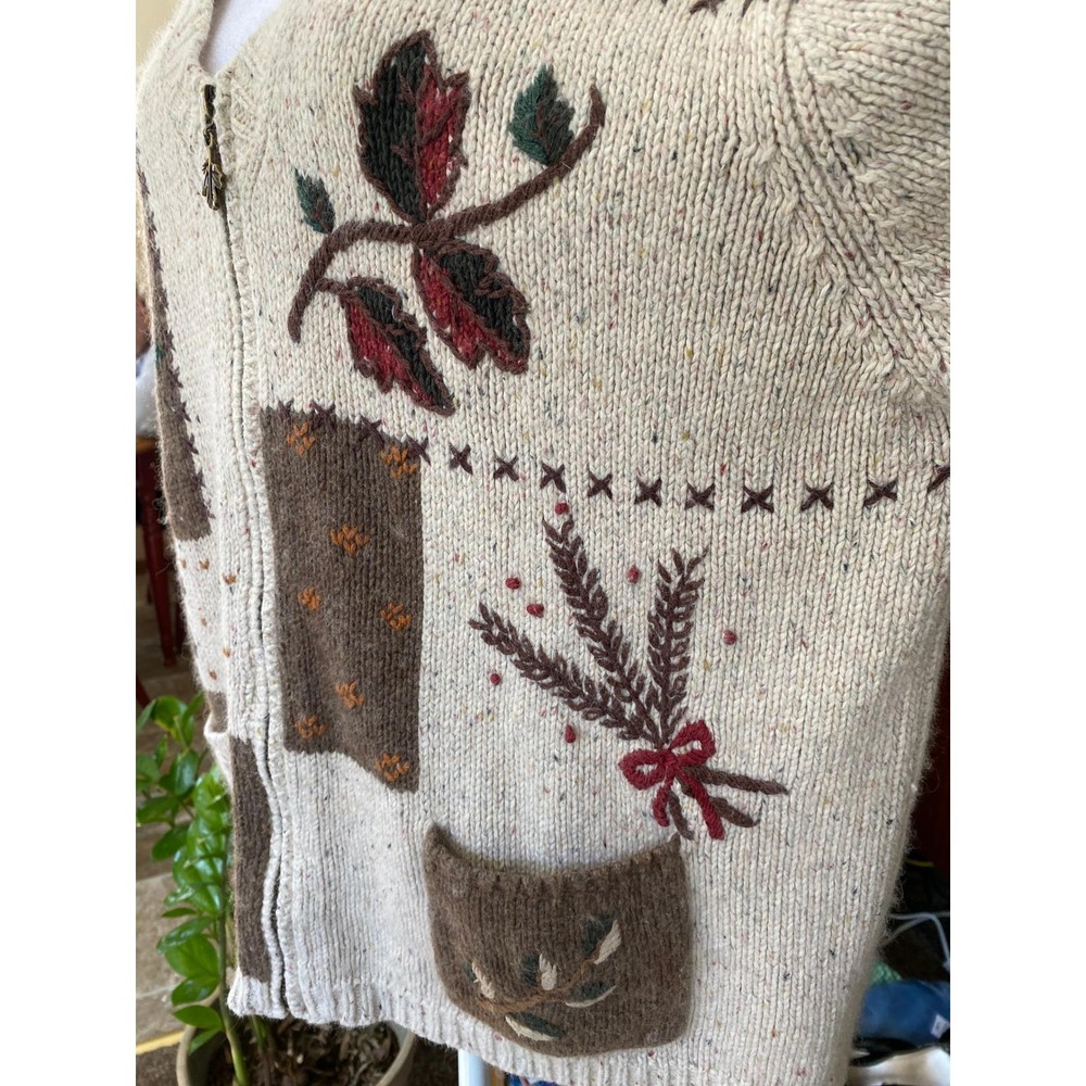Vintage 1990s Patchwork Embroidered Cream Cardigan Sweater Large Granola Coastal - Picture 5 of 8